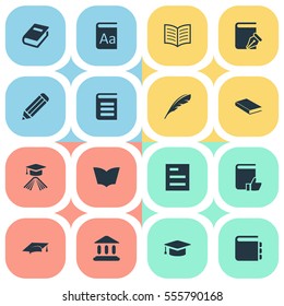 Set Of 16 Simple Reading Icons. Can Be Found Such Elements As Encyclopedia, Plume, Book Page And Other.