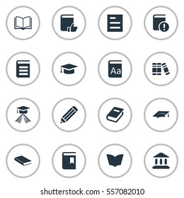 Set Of 16 Simple Reading Icons. Can Be Found Such Elements As Bookshelf, Reading, Graduation Hat And Other.