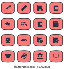 Set Of 16 Simple Reading Icons. Can Be Found Such Elements As Alphabet, Encyclopedia, Bookshelf And Other.