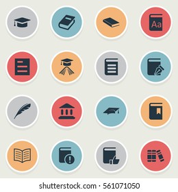 Set Of 16 Simple Reading Icons. Can Be Found Such Elements As Notebook, Plume, Alphabet And Other.