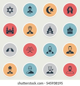 Set Of 16 Simple Religion Icons. Can Be Found Such Elements As Cleric, David Star, Orison And Other.