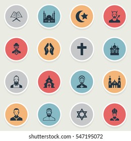 Set Of 16 Simple Religion Icons. Can Be Found Such Elements As Chapel, Crucifix, Devil And Other.
