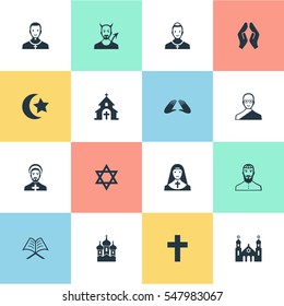 Set Of 16 Simple Religion Icons. Can Be Found Such Elements As Chaplain, Christian, Crucifix And Other.