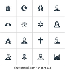 Set Of 16 Simple Religion Icons. Can Be Found Such Elements As David Star, Catholic, Cleric And Other.