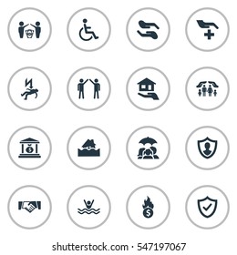 Set Of 16 Simple Safeguard Icons. Can Be Found Such Elements As Smothered Male, Protect Yourself, Protect Currency And Other.