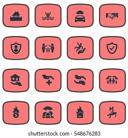 Set Of 16 Simple Safeguard Icons. Can Be Found Such Elements As Protect Yourself, Medical Attendance, Smothered Male And Other.
