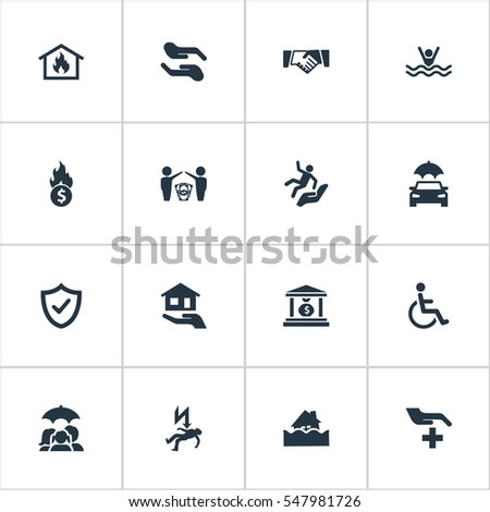 Set Of 16 Simple Safeguard Icons. Can Be Found Such Elements As Reliability, Protect From Torrent, Electric Shock  Jeopardy And Other.