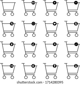 Set of 16 simple shopping cart icons with upper circle