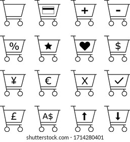 Set of 16 simple shopping cart icons with mid symbol