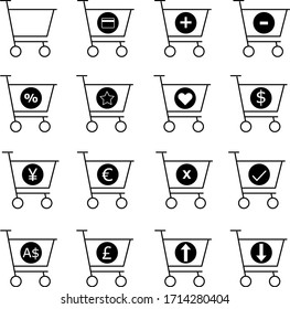 Set of 16 simple shopping cart icons with mid circle