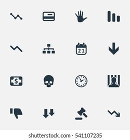 Set Of 16 Simple Situation Icons. Can Be Found Such Elements As Finger Below, Head Bone, Clock And Other.