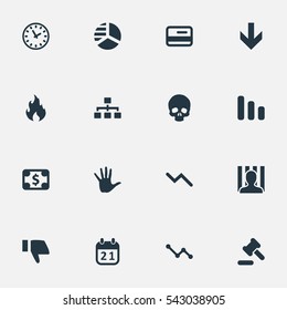Set Of 16 Simple Situation Icons. Can Be Found Such Elements As Clock, Finger Below, Palm And Other.