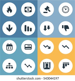 Set Of 16 Simple Situation Icons. Can Be Found Such Elements As Finger Below, Downward, Plastic Card And Other.