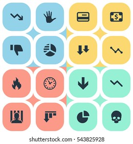 Set Of 16 Simple Situation Icons. Can Be Found Such Elements As Bankroll, Clock, Downward And Other.