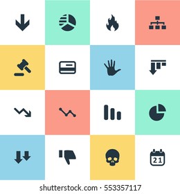 Set Of 16 Simple Situation Icons. Can Be Found Such Elements As Net, Line Chart, Finger Below And Other.