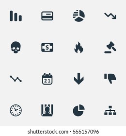 Set Of 16 Simple Situation Icons. Can Be Found Such Elements As Round Graph, Downward, Plastic Card And Other.