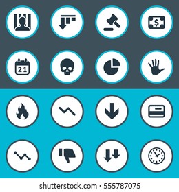 Set Of 16 Simple Situation Icons. Can Be Found Such Elements As Graph Decreases, Circular Diagram, Penitentiary And Other.