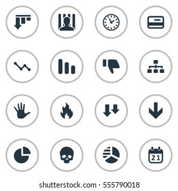 Set Of 16 Simple Situation Icons. Can Be Found Such Elements As Graph Decreases, Plastic Card, Clock And Other.