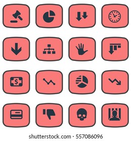 Set Of 16 Simple Situation Icons. Can Be Found Such Elements As Downward, Graph Decreases, Plastic Card And Other.
