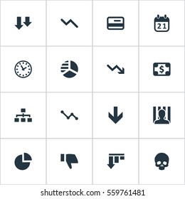 Set Of 16 Simple Situation Icons. Can Be Found Such Elements As Graph Decreases, Descending, Bankroll And Other.