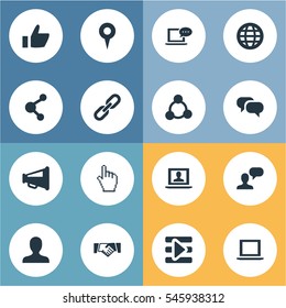 Set Of 16 Simple Social Icons. Can Be Found Such Elements As Chat, Chain, Vote And Other.