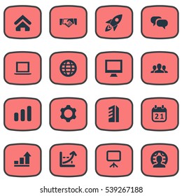 Set Of 16 Simple Startup Icons. Can Be Found Such Elements As Global Business, Diagram, Company And Other.
