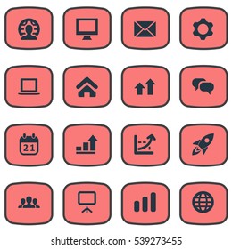 Set Of 16 Simple Startup Icons. Can Be Found Such Elements As House, Line Graph, Computer And Other.