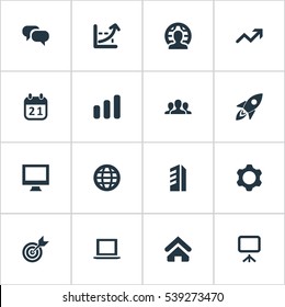 Set Of 16 Simple Startup Icons. Can Be Found Such Elements As Line Graph, Earth, House And Other.