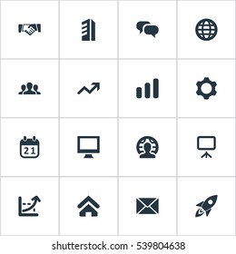 Set Of 16 Simple Startup Icons. Can Be Found Such Elements As Spaceship, Global Business, Presentation And Other.