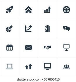 Set Of 16 Simple Startup Icons. Can Be Found Such Elements As Spaceship, Greeting, Graph And Other.