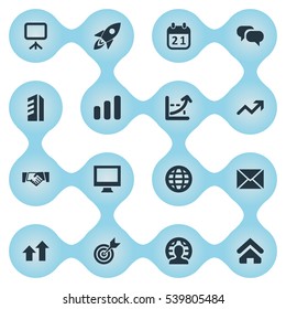 Set Of 16 Simple Startup Icons. Can Be Found Such Elements As Discussion, Global Business, Spaceship And Other.