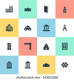 Set Of 16 Simple Structure Icons. Can Be Found Such Elements As Length, Residential, Offices And Other.