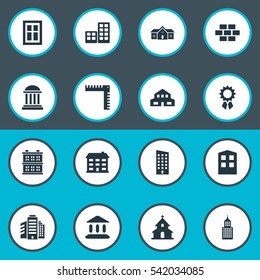 Set Of 16 Simple Structure Icons. Can Be Found Such Elements As Booth, Length, Residence And Other.