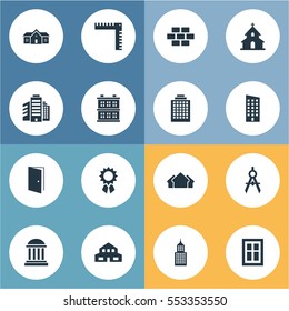Set Of 16 Simple Structure Icons. Can Be Found Such Elements As Block, Academy, Glazing And Other.