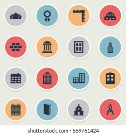 Set Of 16 Simple Structure Icons. Can Be Found Such Elements As Residential, School, Gate And Other.