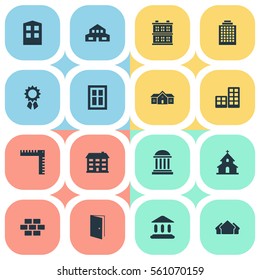 Set Of 16 Simple Structure Icons. Can Be Found Such Elements As Residential, Booth, Popish And Other.