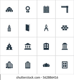 Set Of 16 Simple Structure Icons. Can Be Found Such Elements As Gate, Booth, Stone And Other.