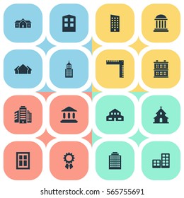 Set Of 16 Simple Structure Icons. Can Be Found Such Elements As Residence, Structure, Reward And Other.