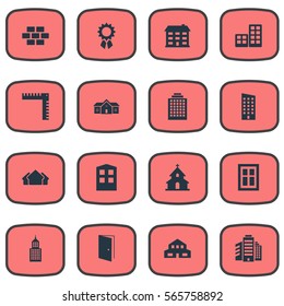 Set Of 16 Simple Structure Icons. Can Be Found Such Elements As Superstructure, Gate, School And Other.