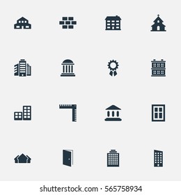 Set Of 16 Simple Structure Icons. Can Be Found Such Elements As Reward, Gate, Stone And Other.