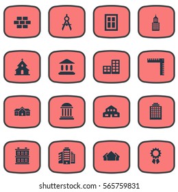 Set Of 16 Simple Structure Icons. Can Be Found Such Elements As Reward, Academy, Shelter And Other.