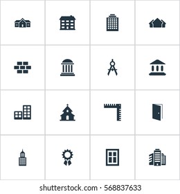 Set Of 16 Simple Structure Icons. Can Be Found Such Elements As Engineer Tool, Academy, Flat And Other.