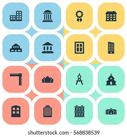 Set Of 16 Simple Structure Icons. Can Be Found Such Elements As Booth, Residence, Residential And Other.