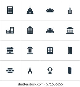 Set Of 16 Simple Structure Icons. Can Be Found Such Elements As Flat, Gate, Engineer Tool And Other.