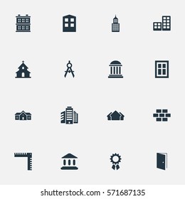 Set Of 16 Simple Structure Icons. Can Be Found Such Elements As Length, Glazing, Residence And Other.