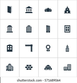 Set Of 16 Simple Structure Icons. Can Be Found Such Elements As Gate, Floor, Superstructure And Other.