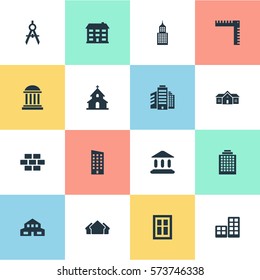 Set Of 16 Simple Structure Icons. Can Be Found Such Elements As Stone, Residential, Flat And Other.