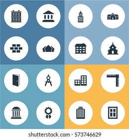 Set Of 16 Simple Structure Icons. Can Be Found Such Elements As Residence, Stone, Academy And Other.