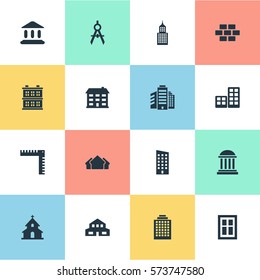 Set Of 16 Simple Structure Icons. Can Be Found Such Elements As Glazing, School, Booth And Other.