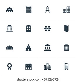 Set Of 16 Simple Structure Icons. Can Be Found Such Elements As Stone, Offices, Reward And Other.